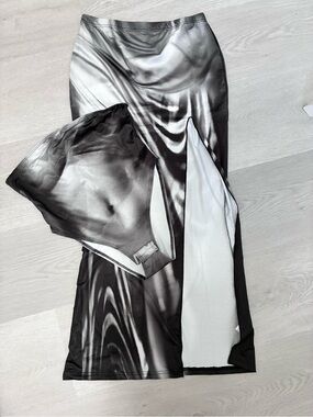 Y2K Marble Print Strapless Bodysuit & High Slit Maxi Skirt Set